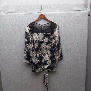 Calvin Klein Womens Black & White Floral Sheer Tie Waist Blouse Top Size M